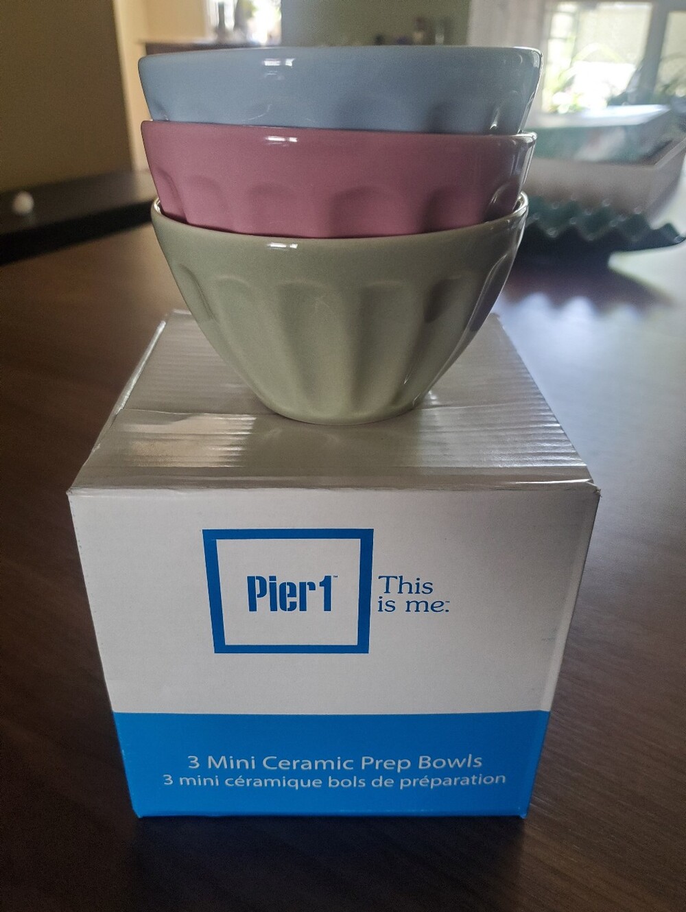 Pier 1 Set of 3 Mini Ceramic Prep Bowls - Blue, Pink, Sage